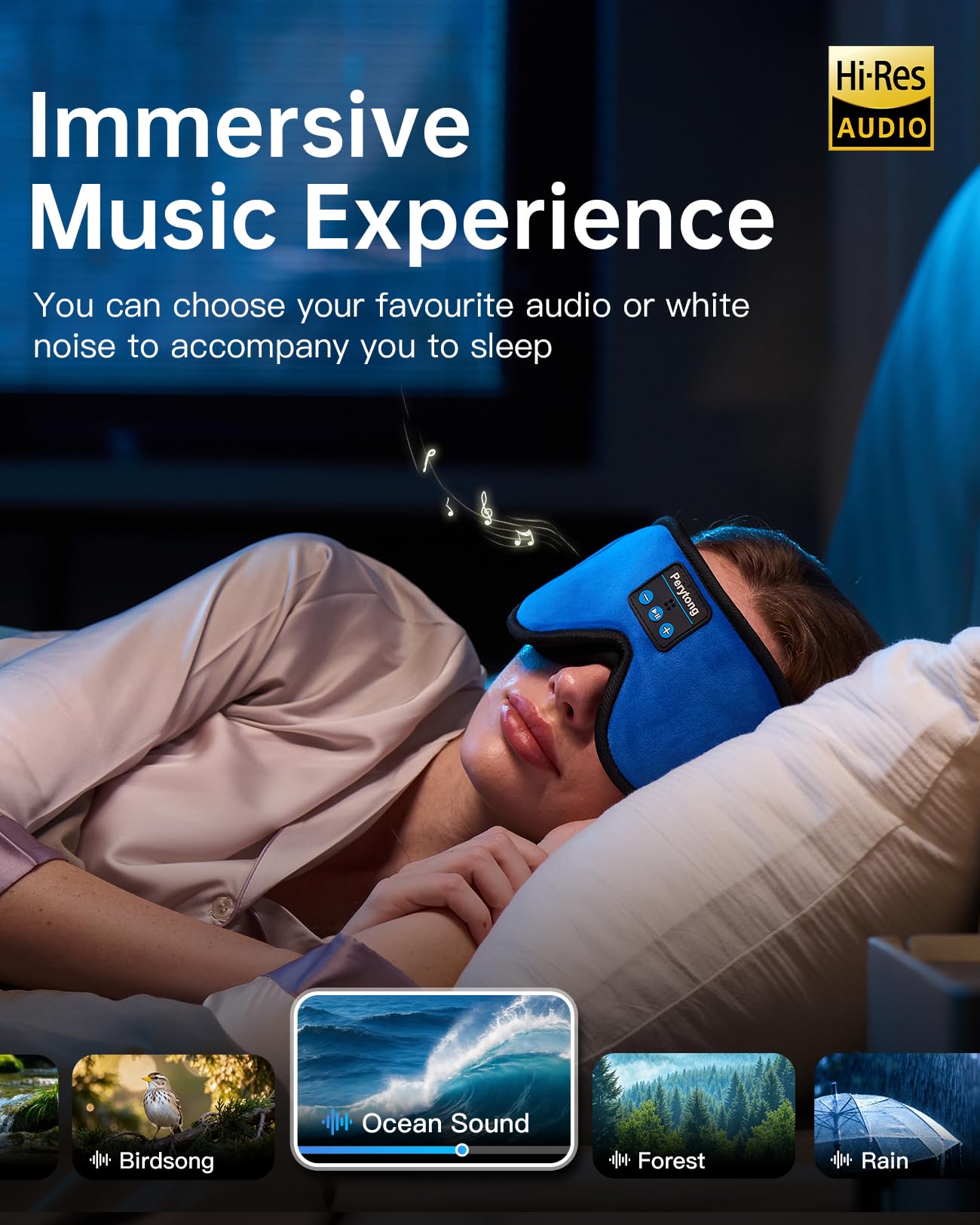 Sleep Mask with Bluetooth 5.4 Headphones, Wireless Music Sleep Eye Mask for Side Sleepers, 3D Contoured Comfort & Built-in HD Stereo Earphones, Noise Canceling & Blackout for Travel (Bright Blue)
