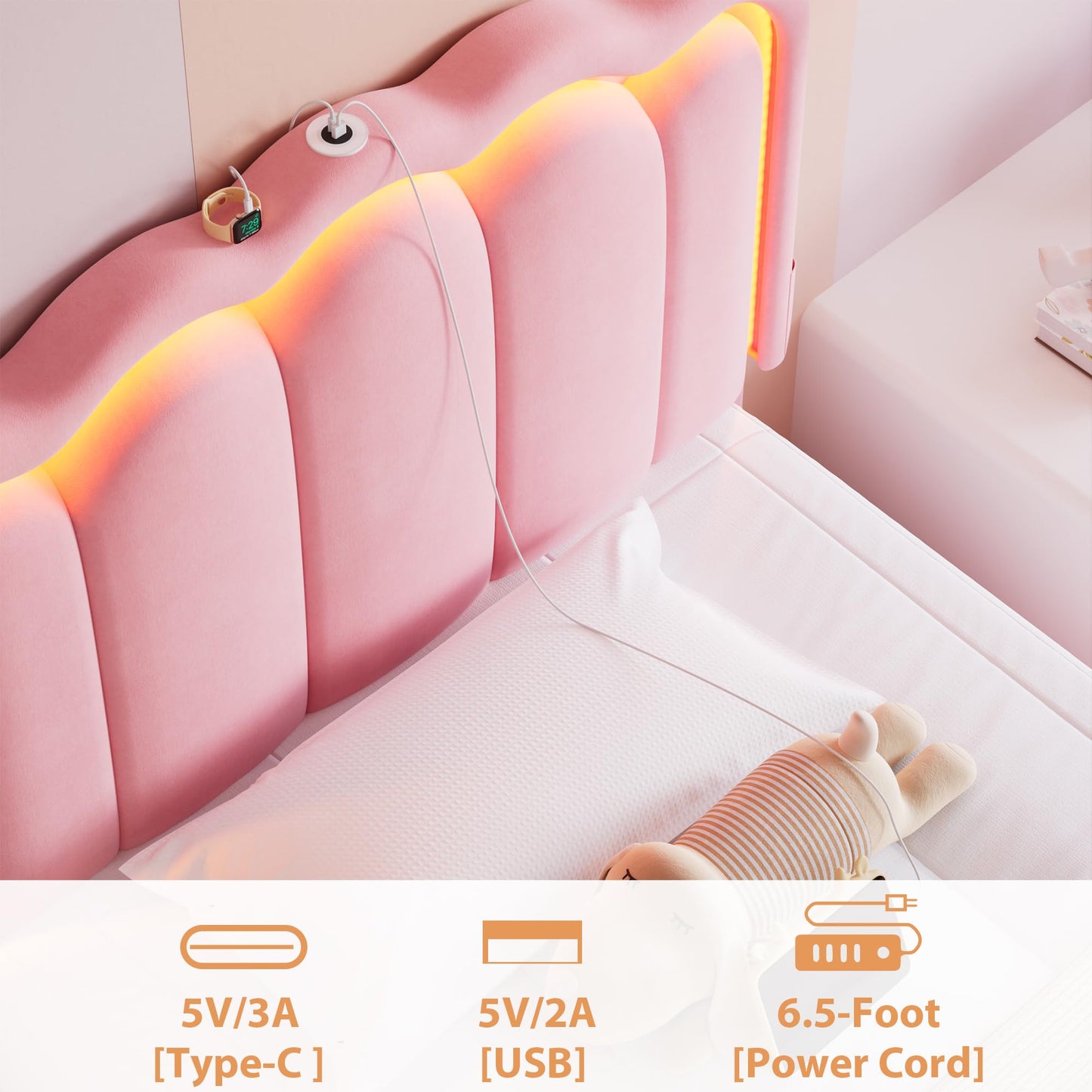 Twin Upholstered LED Bed Frame with Storage Drawer and Adjustable Chic Double Wavy Headboard, Velvet Princess Platform Bed for Girls/Kids, Solid Wood Slats Support, No Box Spring Needed, Pink