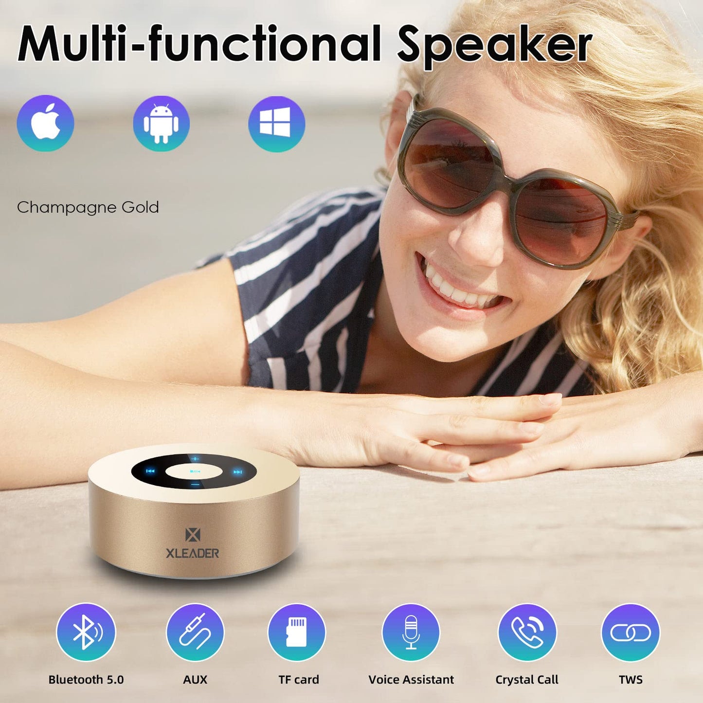 Xleader Mini Bluetooth Speaker (Travel Case Provided) Hd Sound&Rich Bass, Touch Design, 12-15H Playtime, Support Aux Input, Micr