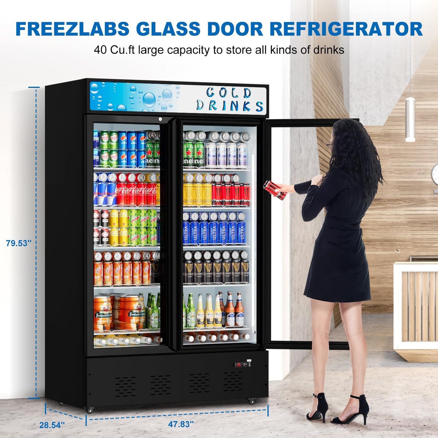 FreezLabs Commercial Glass Door Display Refrigerator 40 Cu.ft Cooler Commercial Display Beverage Refrigerators with LED Light and 10 Shelves for Cafe Restaurant Store Bar