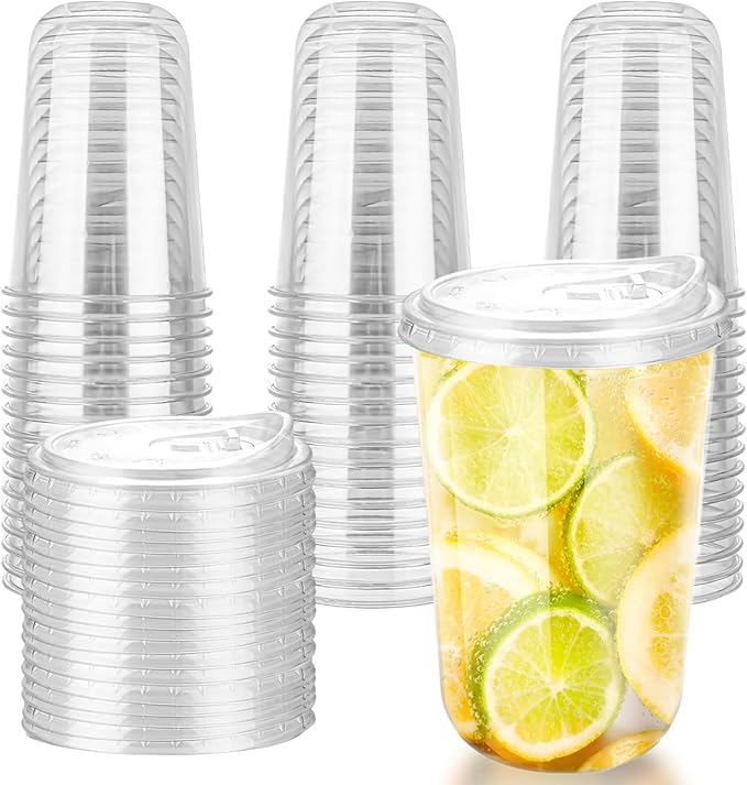 16oz Disposable Stemless Glasses With Strawless Sip Lids,PET Disposable Drinking Cups,Clear Plastic Wine Glasses for Parti...