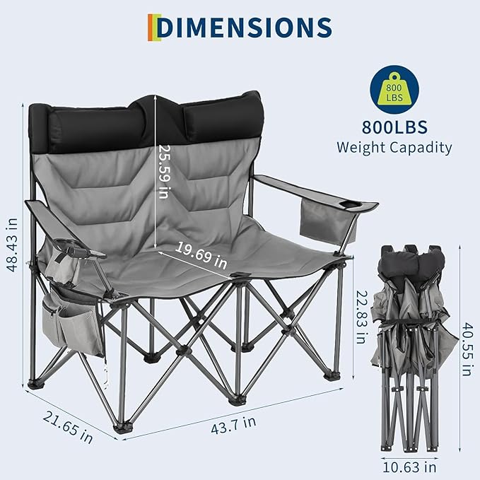 Oversized Double Camping Chairs, Heavy Duty Padded Loveseat Chair - 900 LBS Support for Adult - Comfortable Camping Chair with High Back & Pillow