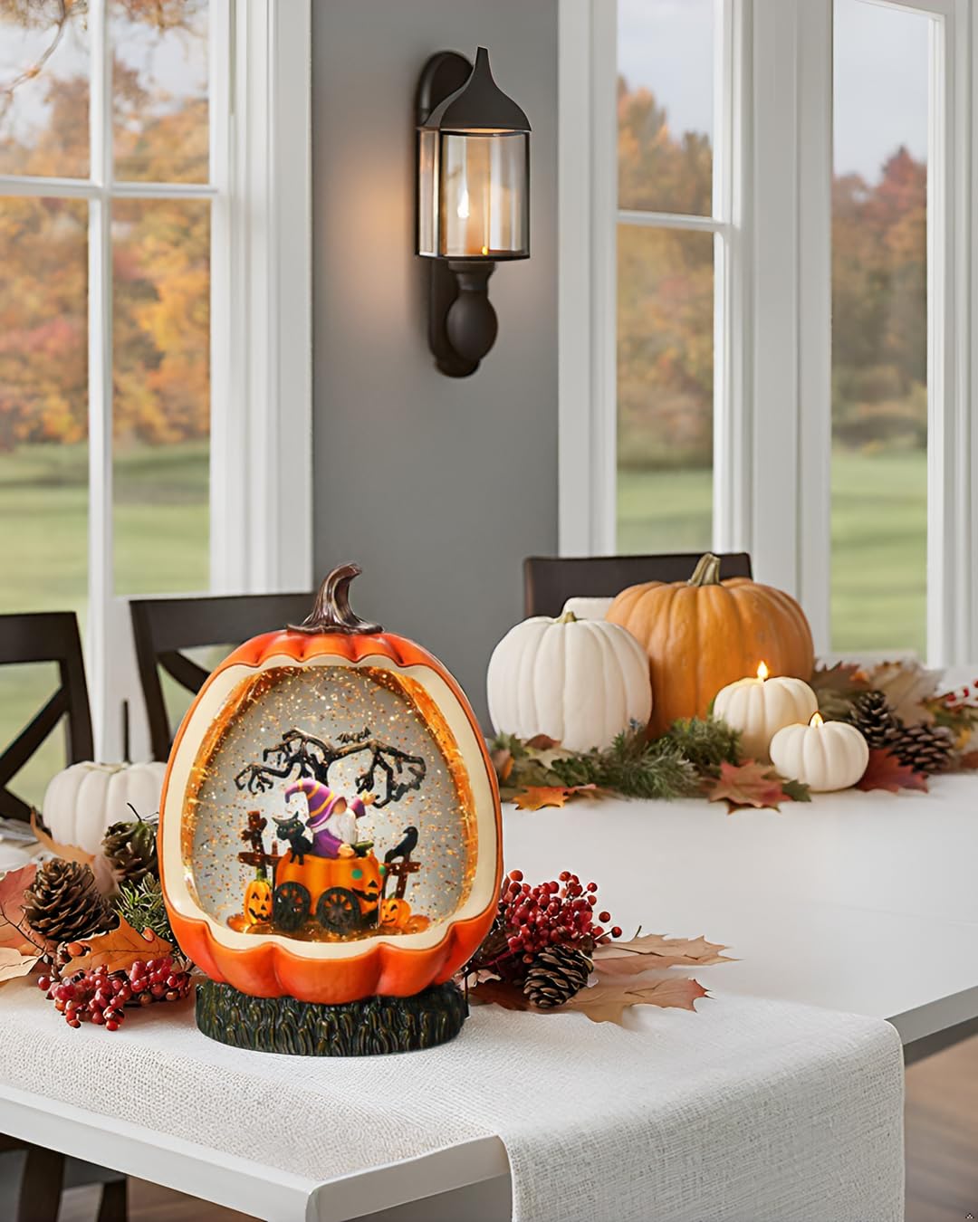 Halloween Pumpkin Snow Globe with Gnome Inside for Halloween Decorations, with Rotating and Lighting Functions，USB or Battery Operated