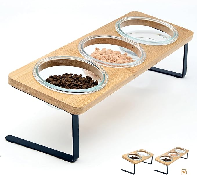 Lawfery Elevated Cat Bowls, 15° Tilted Cat Food Bowl, Includes 3 Glass Bowls, Bamboo Board, and Metal Stand for Cats and P...