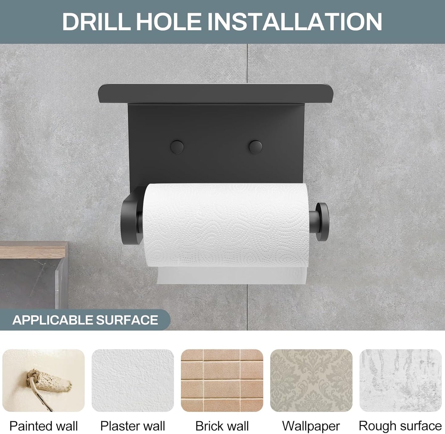 SetSail Toilet Paper Holder with Shelf Adhesive or Screw-in Bathroom Toilet Paper Roll Holders Wall Mount Matte Black Tissue Holder for Bathroom Hardware Accessories, 2 Packs
