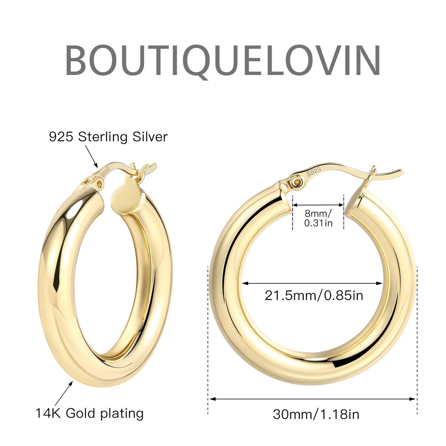 BOUTIQUELOVIN 14K Gold Plated Chunky Gold Hoop Earrings for Women Lightweiht Tube Hoops Hypoallergenic Sterling Silver Post Thic