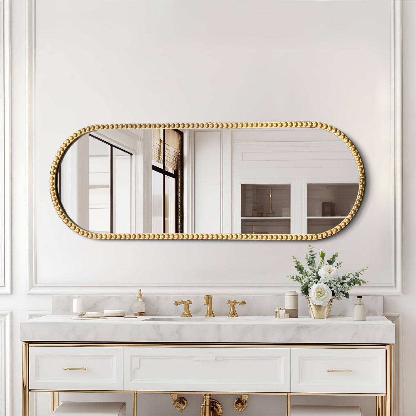 ietat Antique Gold Full Length Mirror Oval Full Body Wall Mirror Baroque Beaded Mirrors Gold Metal Framed Decorative Wall Mirror for Bedroom Entryway 47"X16"