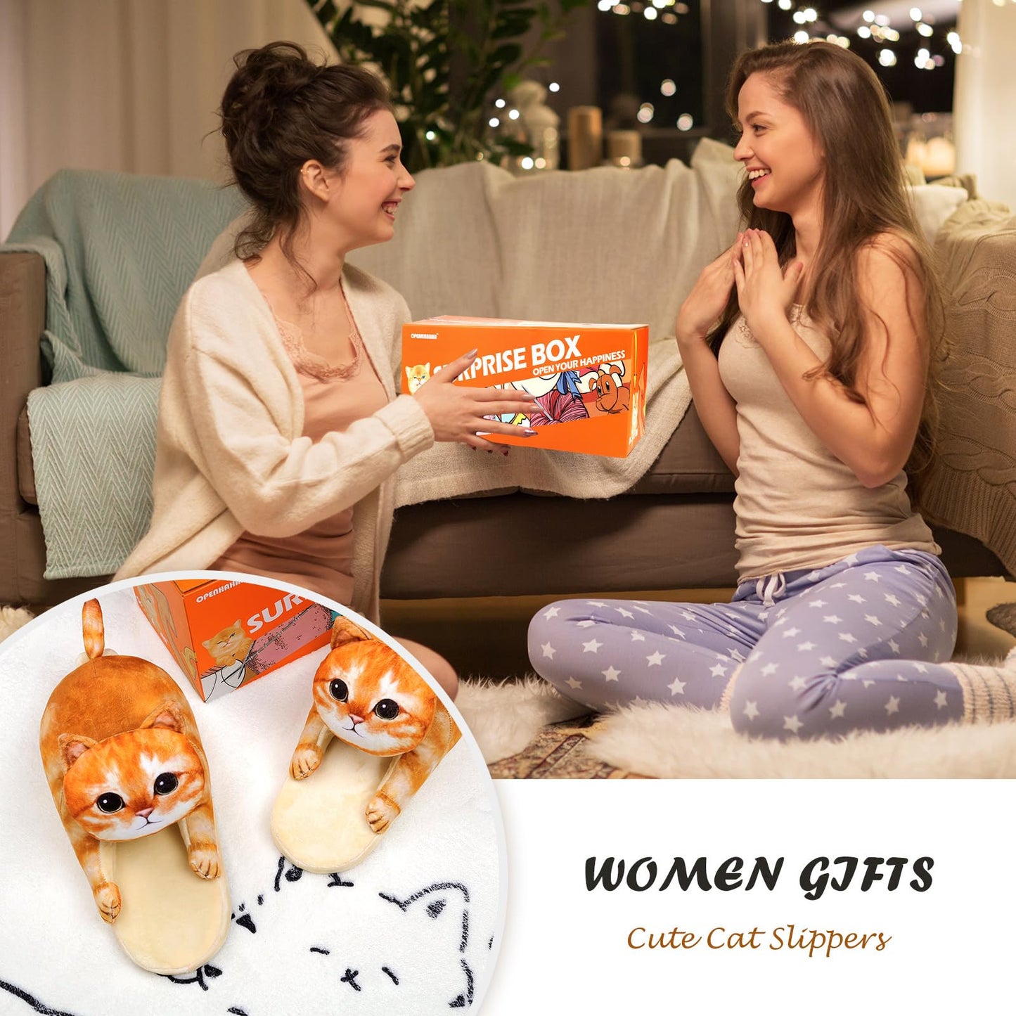 Infaccial Fuzzy Orange Cat Slippers for Women Indoor and Outdoor, Funny Animal House Shoes with Soft Memory Foam,Comfy Plush Warm Slip-on Slippers,Birthday Gifts for Cat Lover