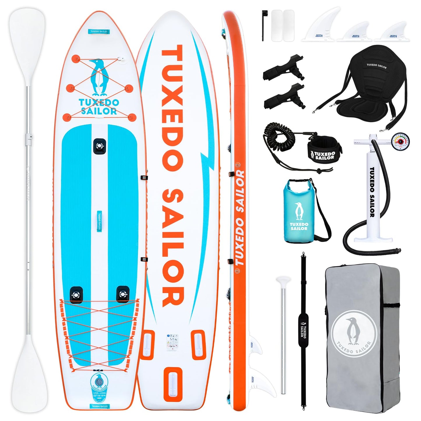 Tuxedo Sailor Large Size Inflatable Fishing Kayak 12'×34"×6" Ultra Long Stand Up Paddle Board Complete Accessories, Fishing Support Bases, Kayak Seat etc