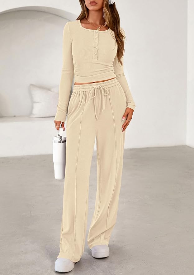 PRETTYGARDEN Women's 2026 Fall Trendy 2 Piece Outfits Lounge Sets Long Sleeve Top Henley Shirts Wide Leg Pants Travel Clothes