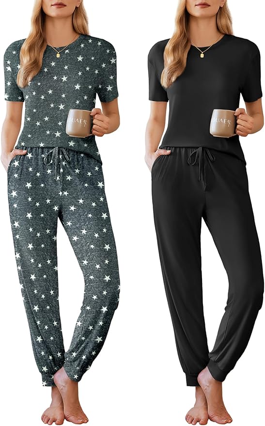 Ekouaer Pajamas for Women Set 2 Pack Lounge Set Short Sleeve Pjs Joggers Long Pants Loungepwear with Pockets