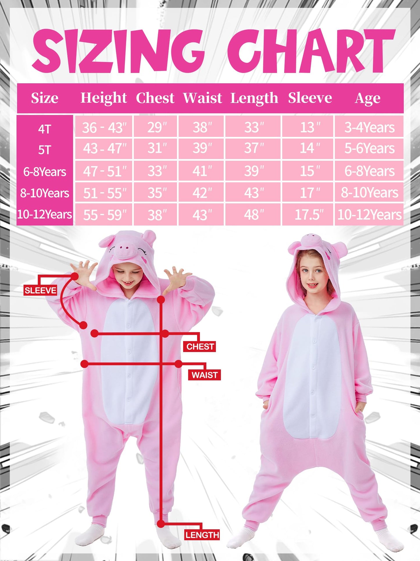 CANASOUR Pig Onesie Kids Halloween Cosplay Costume Girls One Piece Pjs Anime Unisex Hoodie Pajamas Pink For 10-12 Years Boys Party Pyjamas (Height 56-59”, 10 Years, Pig)