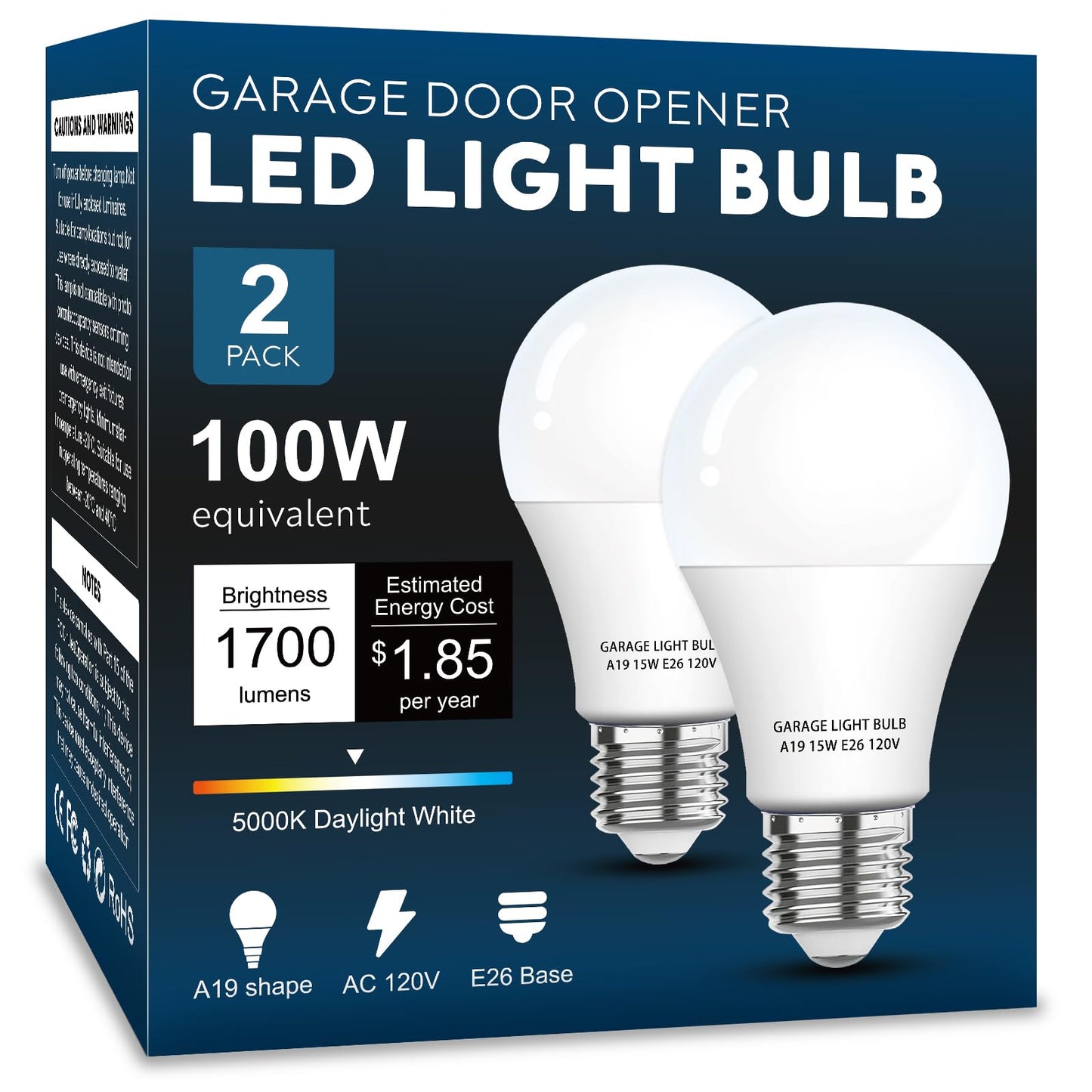 LOXYEE Garage Door Opener LED Light Bulb 2 Pack，15W Equivalent to 100W Garage Light Bulb,A19 5000K Daylight White E26 Base 120V Outdoor Light Bulbs,Minimize Interference,Dimmable