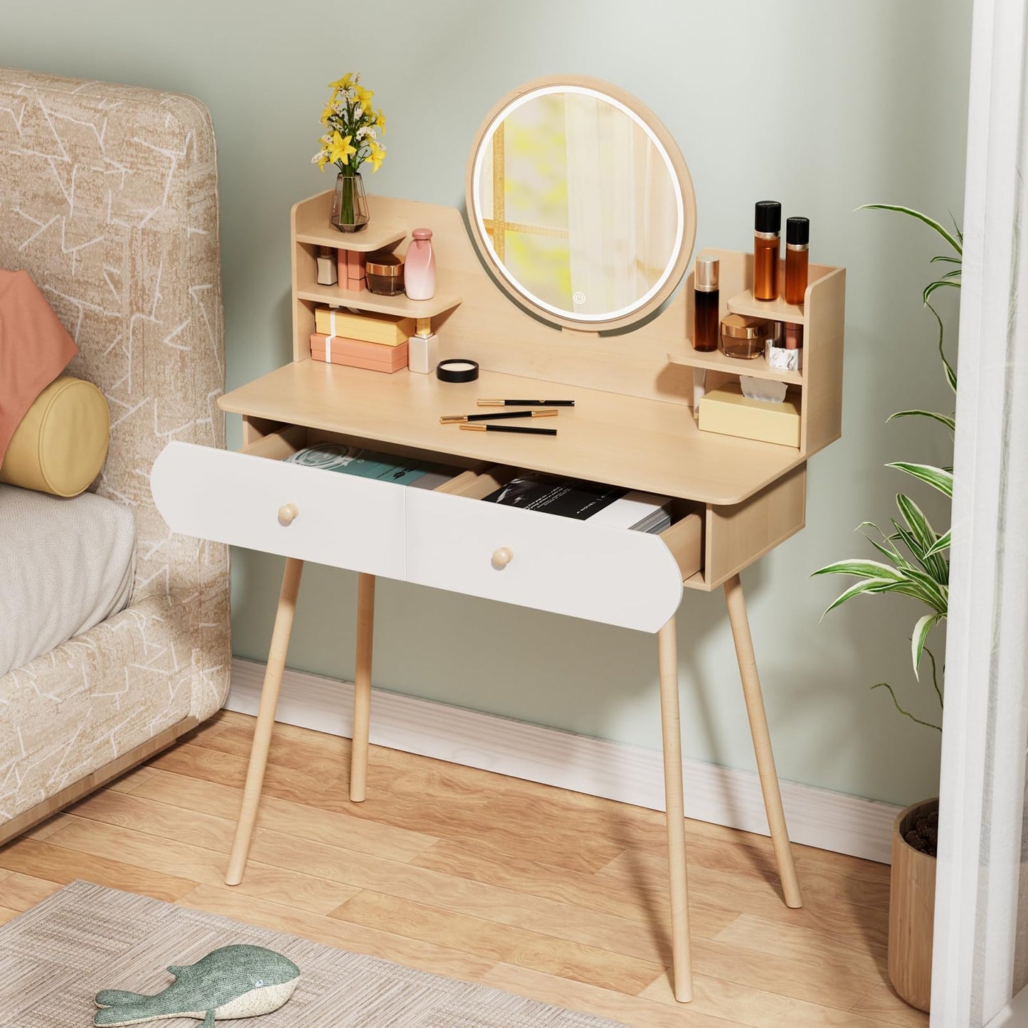 yoakaiax Vanity Mirror with Lights Makeup Vanity Desk with LED Lighted Mirror, Dressing Table with 2 Drawers and Opening Shelves, Bedroom Dressing Table, 3 Modes Brightness Adjustable Wooden Color