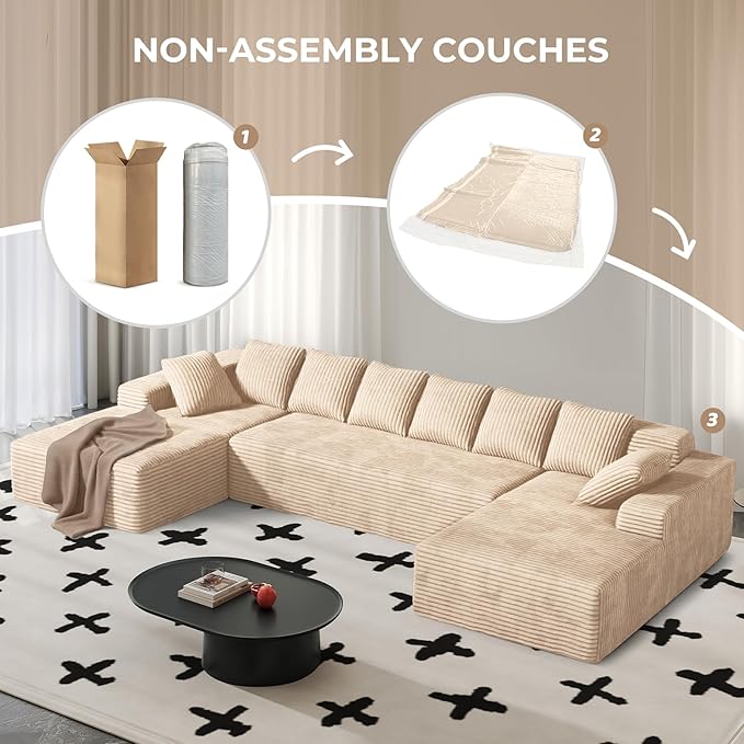 131'' U Shaped Sectional Couches with Chaise Lounge, No Assembly Required Deep Seat Modular Cloud Sofa for Living Room 1PCS, Bedroom(Khaki)