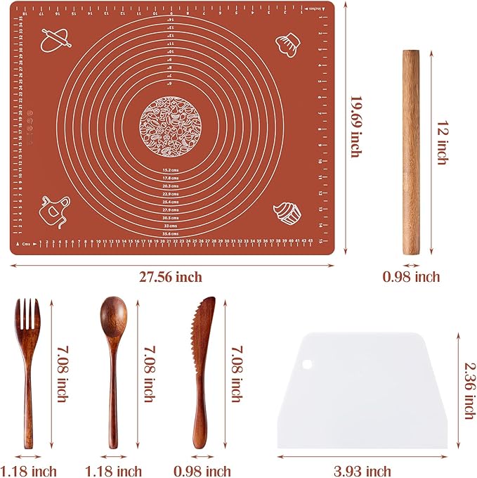 6PCS Silicone Baking Mat Set, Pastry Mat with Measurements Wooden Rolling Pin/Knife/Fork/Spoon/Scraper, Pasta Cutter,Non-slip Silicone Mat, Non-Stick Dough Mat for Counter,Kneading Mat Set,28''*20''