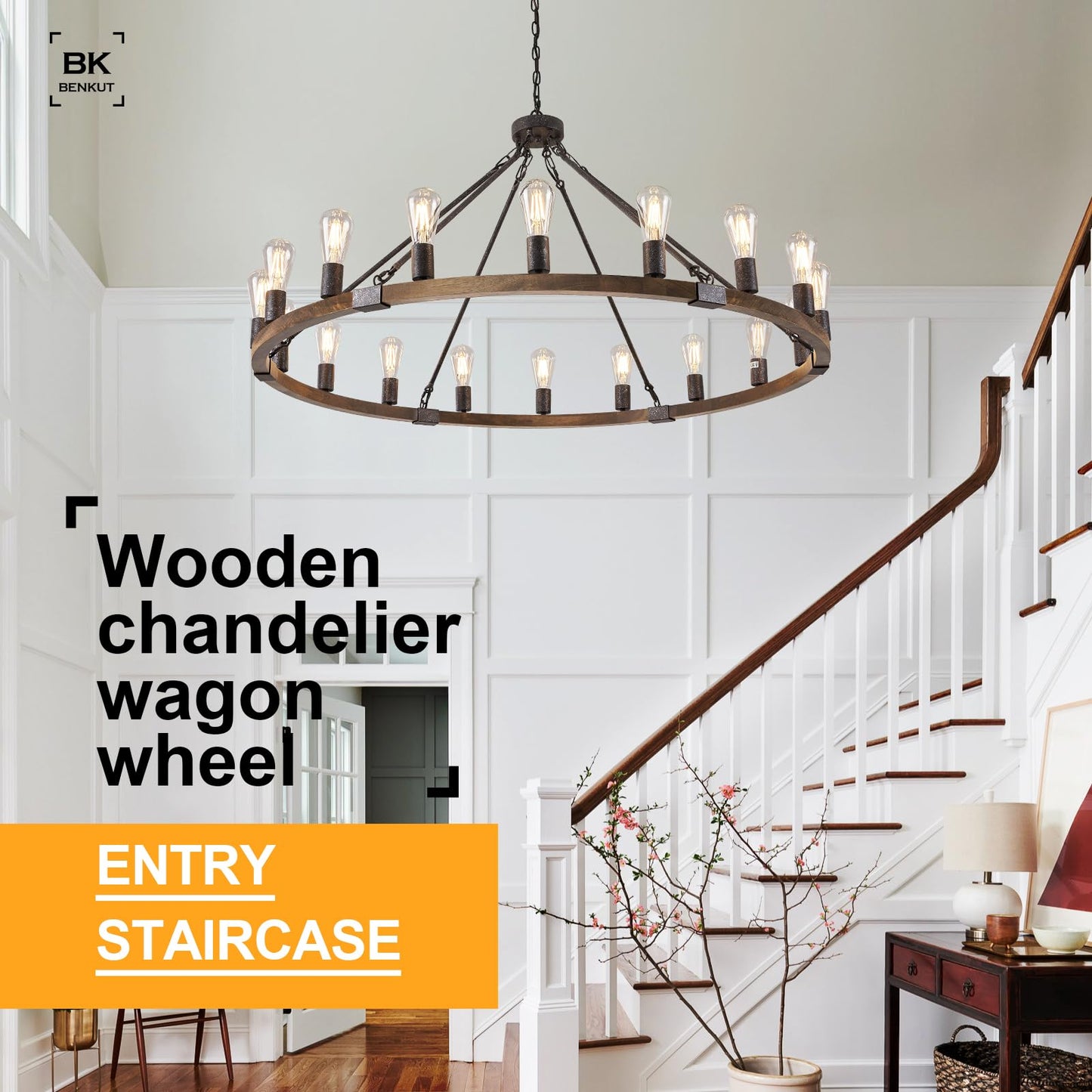 Benkut Farmhouse Wagon Wheel Chandelier 47" Black Rustic Light Fixtures 18-Light Wood Round Chandelier for Foyer Living Room Entryway Dining Room
