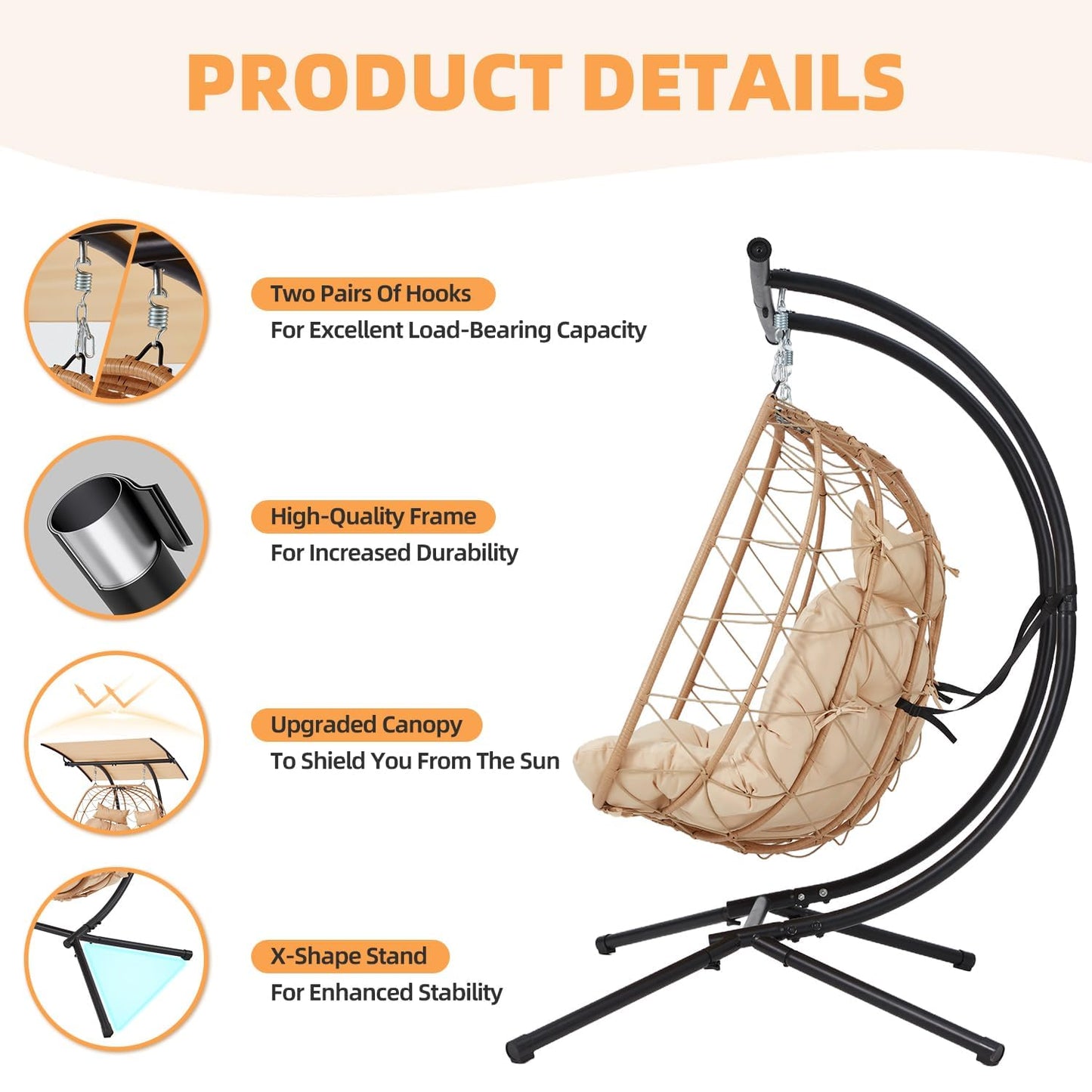 YOLENY Oversized Double Egg Chair with Adjustable Canopy, Patio Hanging Swing Chair, Hammock Chair with Cushion