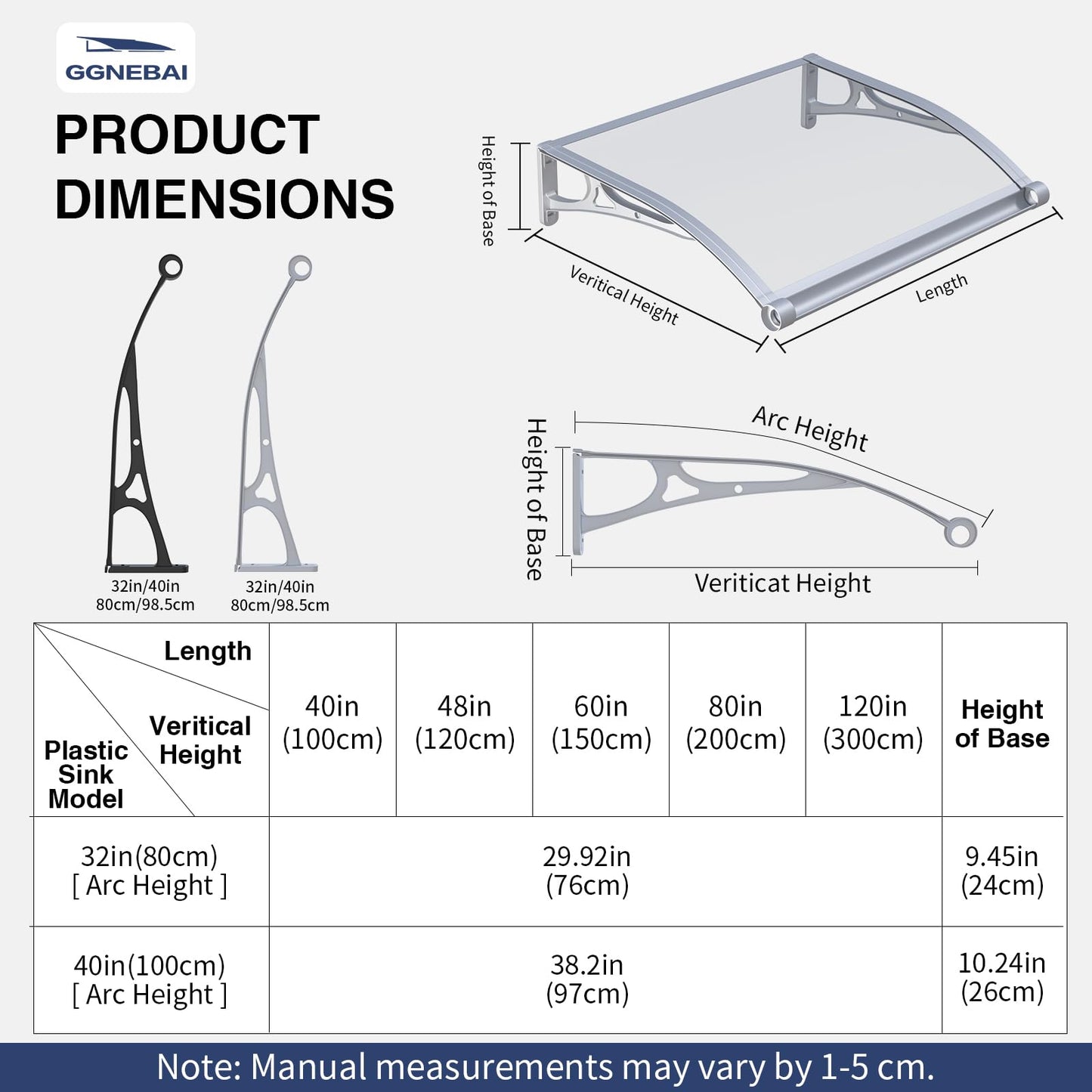 Awning for Door Entrance,40x60 Inch Awnings for Doors with Drainage Sink,Window Canopy Exterior with Aluminum Alloy Bracket,Solid Polycarbonate Cover,UV,Rain,Snow Protection for House,Porch,Patio,Deck