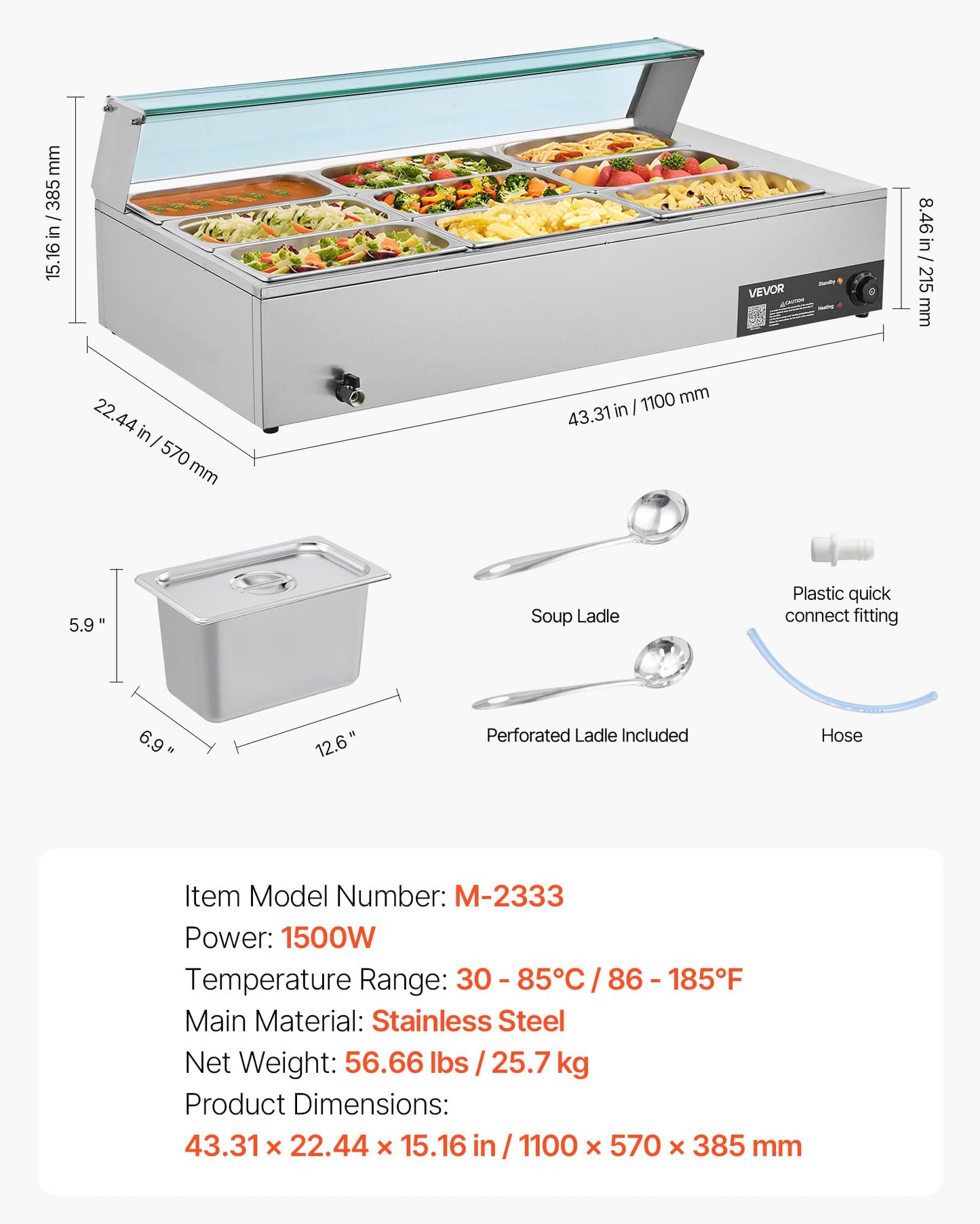 VEVOR Commercial Food Warmer, 1500W Electric Stainless Steel Steam Food Warmer with Glass Cover, 9-Pan Countertop Buffet Bain Marie with Soup & Perforated Ladles, for Catering, Restaurant & Party