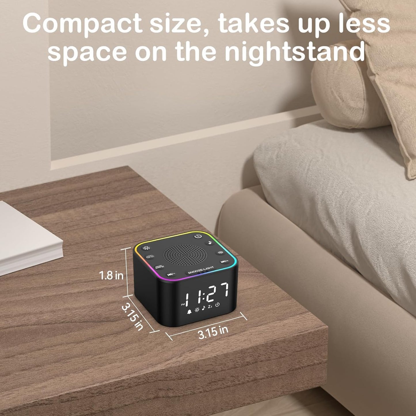 Sound Machine with Alarm Clock: 30 Non-Looping Sleep Sounds - White Noise Alarm Clock for Natural Wake Up - Adjustable Volume & Light, Memory Function, Sleep Timer (Black)