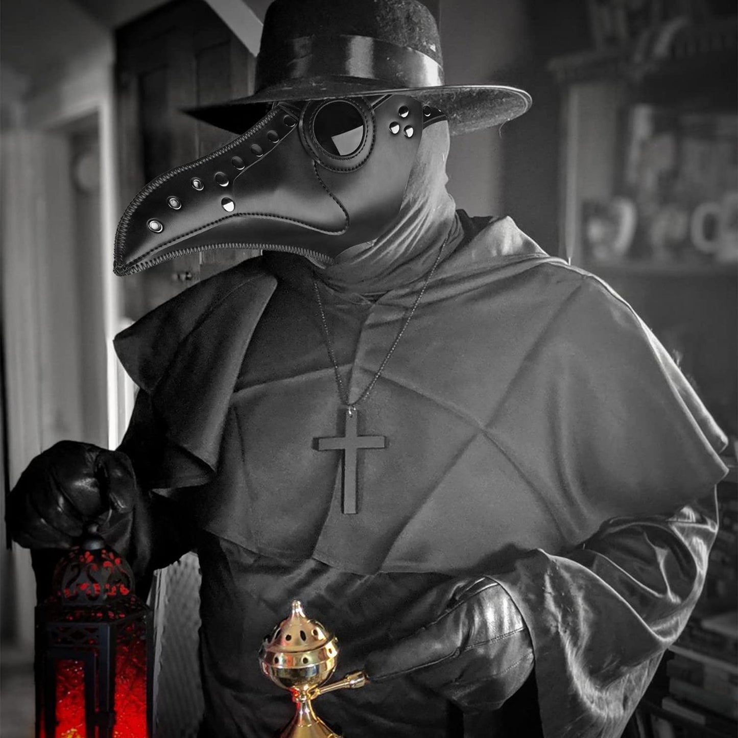 Black Leather Plague Doctor Mask Long Nose Bird Beak Plague Mask Steampunk Halloween Costumes Props Mask for Adult