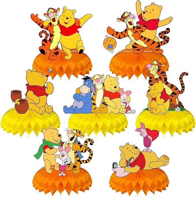 Winnie Birthday Party Supplies, 7Pcs Honeycomb Centerpieces for Winnie Party Decorations, Double Sided Table Decorations C...