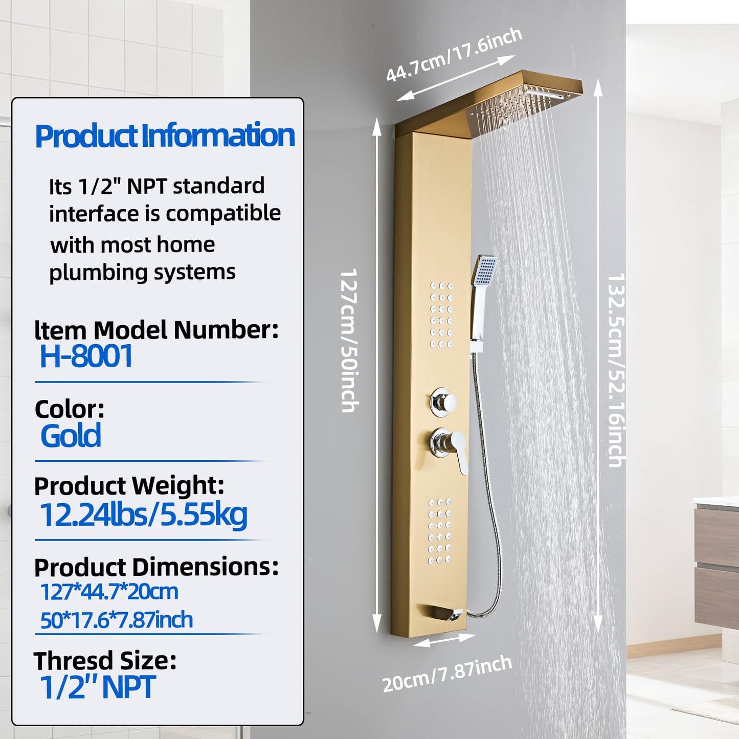 HSYLYPA Shower Panel Tower System 5-in-1 Shower Panel Tower with Powerful Body Massage, Rainfall, Waterfall,Handheld and Tub Spout, Stainless Steel Shower Column - Brushed Gold