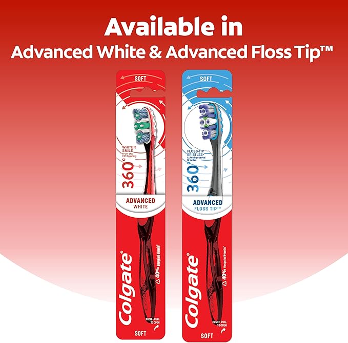 Colgate 360 Optic White Advanced Whitening Toothbrush, Adult Medium Toothbrush with Whitening Cups, Helps Whiten Teeth and Removes Odor Causing Bacteria, 2 Pack