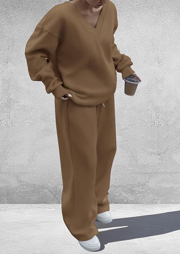 PRETTYGARDEN Casual Winter Two Piece Sets for Women 2026 V Neck Sweatshirt Loose Wide Leg Pants Tracksuit Knit Fall Outfits