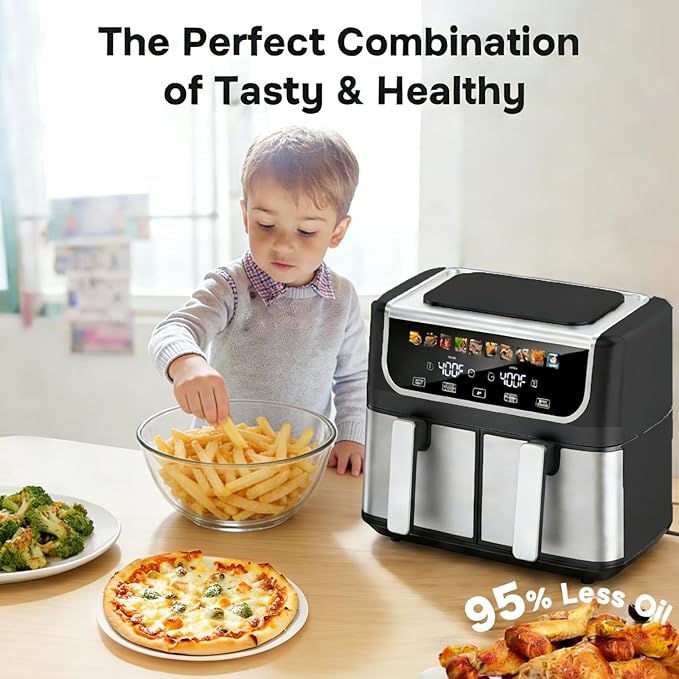 Simple Deluxe 9.5-Qt Dual Basket Air Fryer, 10-in-1 Digital Preset Airfryer, Sync Cook, Independent Temp Control, Shake Reminder, Nonstick Basket, Black