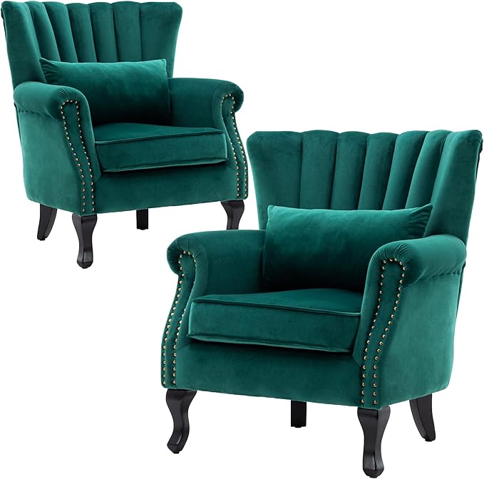 DM Furniture Velvet Accent Chairs Set of 2 with Arm Comfy Living Room Chair Mid-Century Modern Wingback Side Chair Single Sofa Couch for Bedroom Guest Room, Green