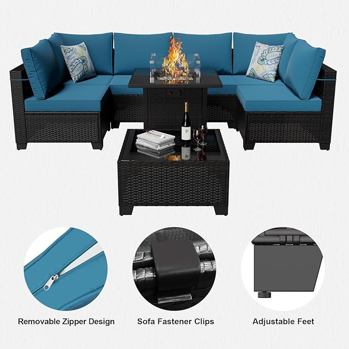 Ophelian 8 Piece Patio Furniture Set with Fire Pit Table, Wicker Outdoor Sectional Sofa Set with Thick Anti-Slip Chusions, Patio Conversation Sets for Backyard, Garden, Deck (Brown/Peacock Blue)