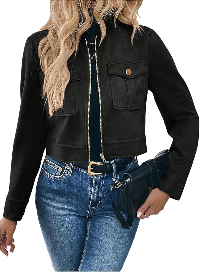 Verdusa Women's Zip Up Crop Spring Jackets Faux Suede Long Sleeve Motorcycle Cargo Jacket with Pockets