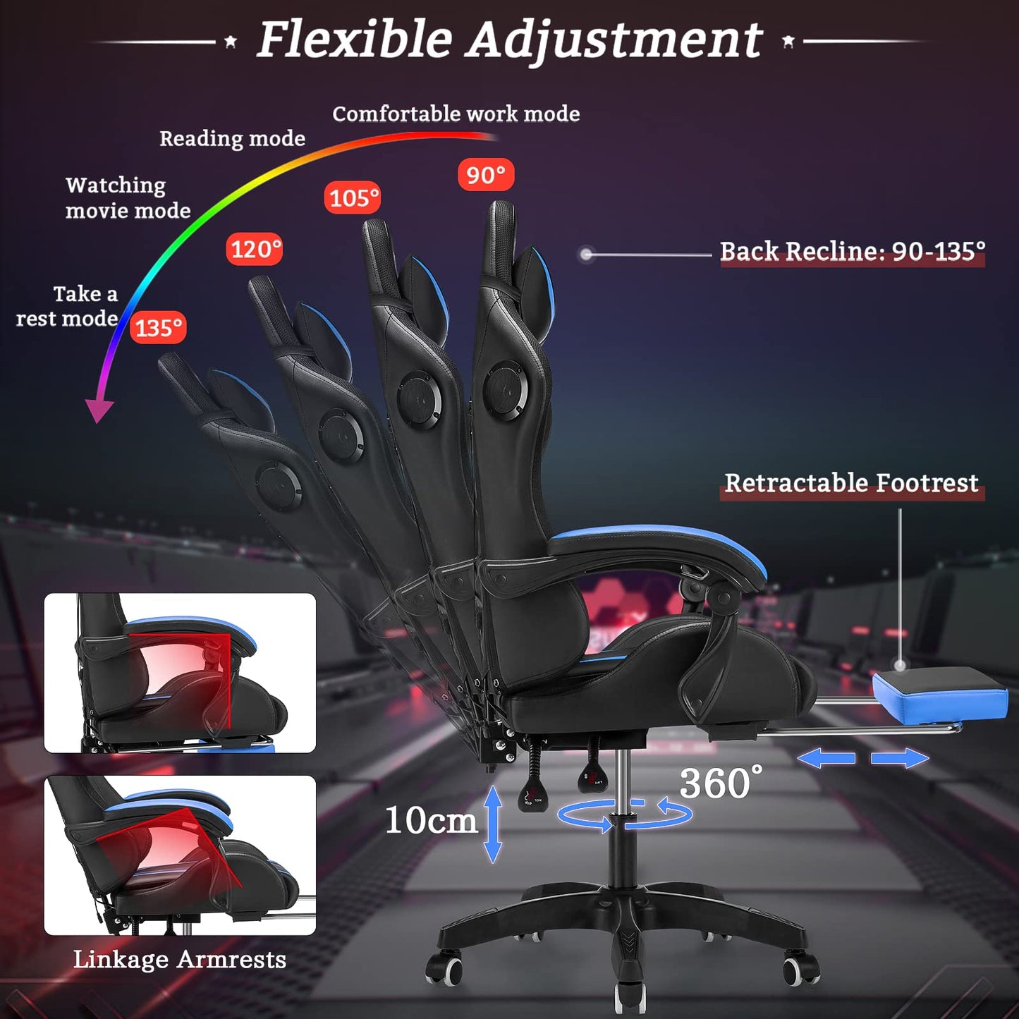 Gaming Chair with Bluetooth Speakers and RGB LED Lights Ergonomic Massage Video Game Chair with Footrest High Back with Lumbar Support Blue and Black