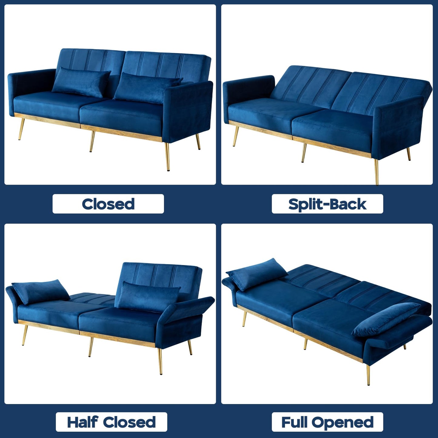 dannratch Futon Sofa Bed Velvet Convertible Sleeper Sofa Tufted Couch Bed with Adjustable Armrests and Backrest, Modern Loveseat Sleeper Bed with 2 Bolster Pillows for Living Room, Bedroom, Blue