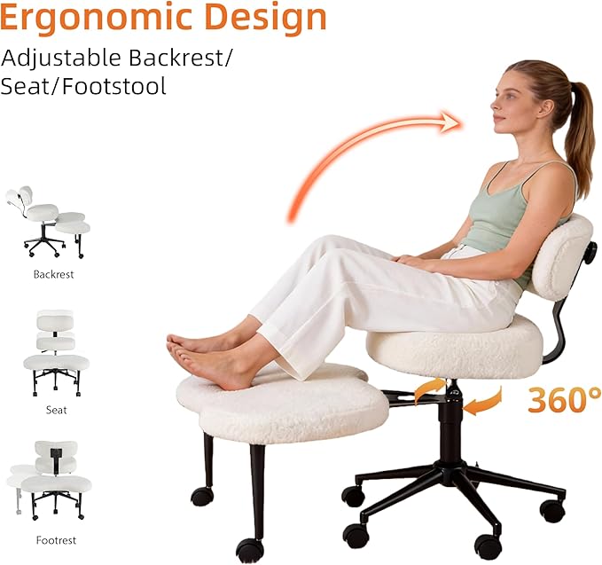 DUMOS Ergonomic ADHD Cross Legged Office Desk Chair with Adjustable Backrest, Height Adjustbale Meditation Chair with 360° Swivel Footstool, Teddy Fabric Yoga Stool for Home Office, White