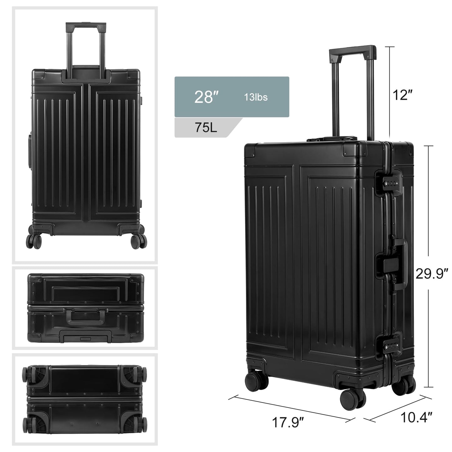 KANGSHILU All Aluminum Carry On Luggage，Cut from Whole Aluminum Sheet，22x14x9 Airline Approved ，（3rd Generation，Premium Metal zipperless suitcase ） (black, 28inch)