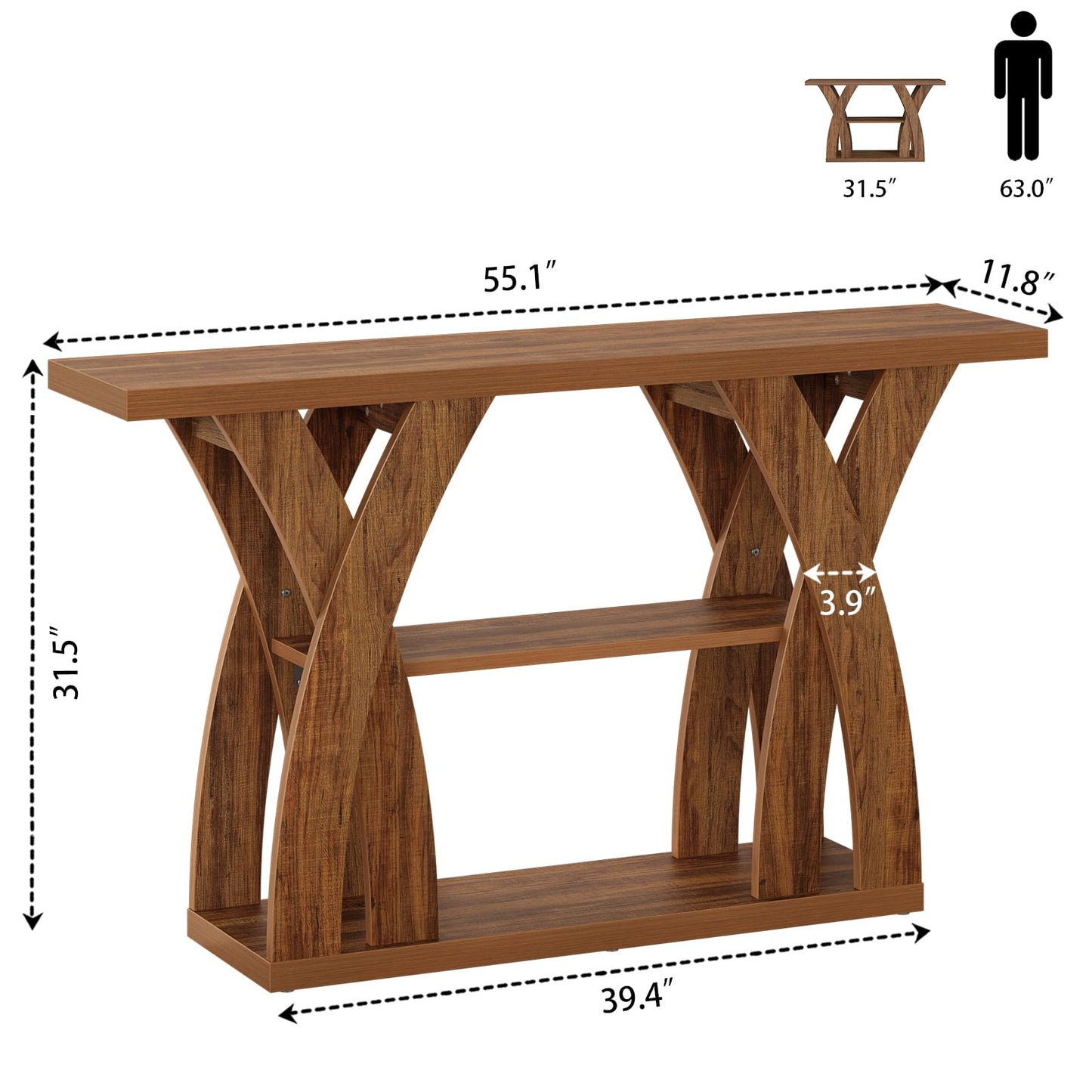 Tarnorci Console Tables, 55‘’ Narrow Walnut Console Table 3-Tier Farmhouse Wood Entryway Table for Living Room, Hallway, Foyer (Brown)