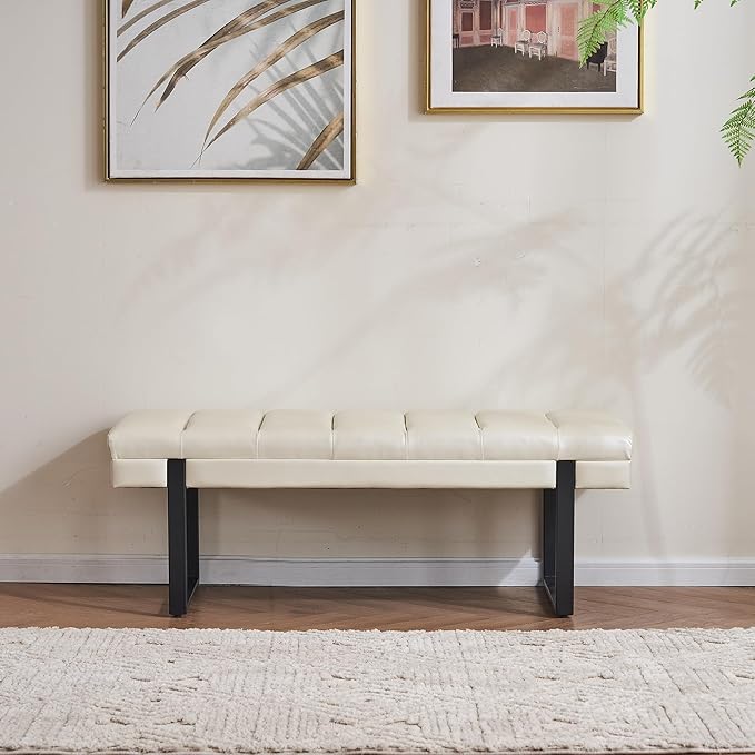 AIITTCC Faux Leather Ottoman Bench, Tufted Padded End of Bed Bench with Metal Legs, Upholstered Shoe Bench for Bedroom Living Room Entryway Window (Beige White, 46" Wide)