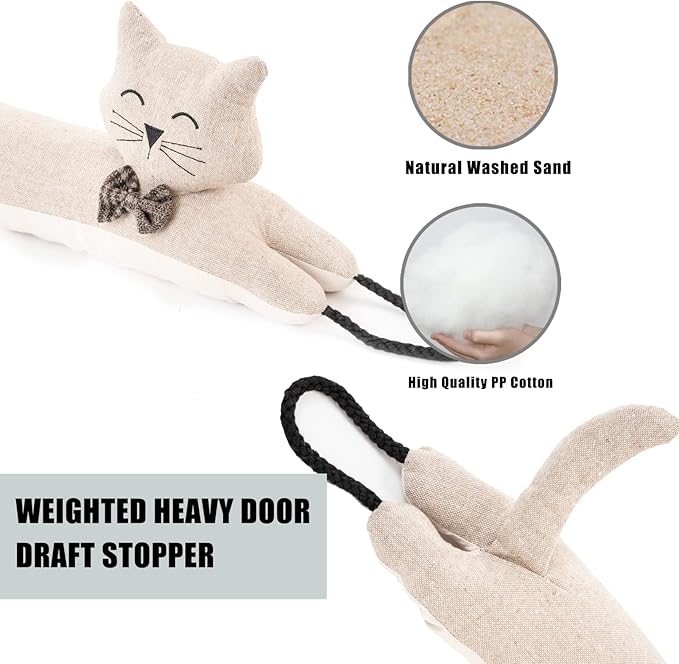Marwood Under Door Draft Stopper Decorative Wind Stopper 42 inch for Door & Window, Weighted Animal Air Draft Stopper Snake Noise Blocker for Bottom of Door with Hanging Loops - Khaki Cat