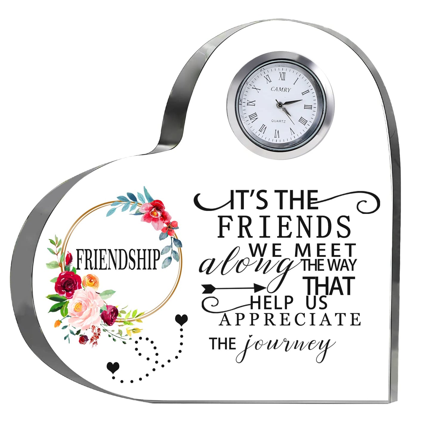 Movdyka Friendship Gifts for Women Friends Crystal Heart 5.9Inch Large Flower Glass with Clock Unique Best Gifts for Women Her Friend Plaque Birthday Gift Idea for Friend Female Presents