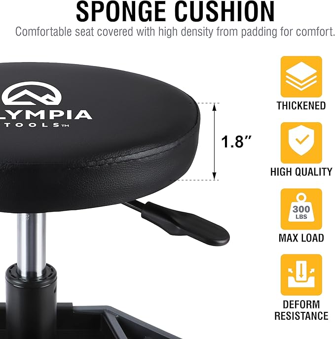 Olympia Tools Adjustable Hydraulic Rolling Mechanics Stool with with Removable Tool Tray, 300lbs Max Weight Capacity, 419-110-1002