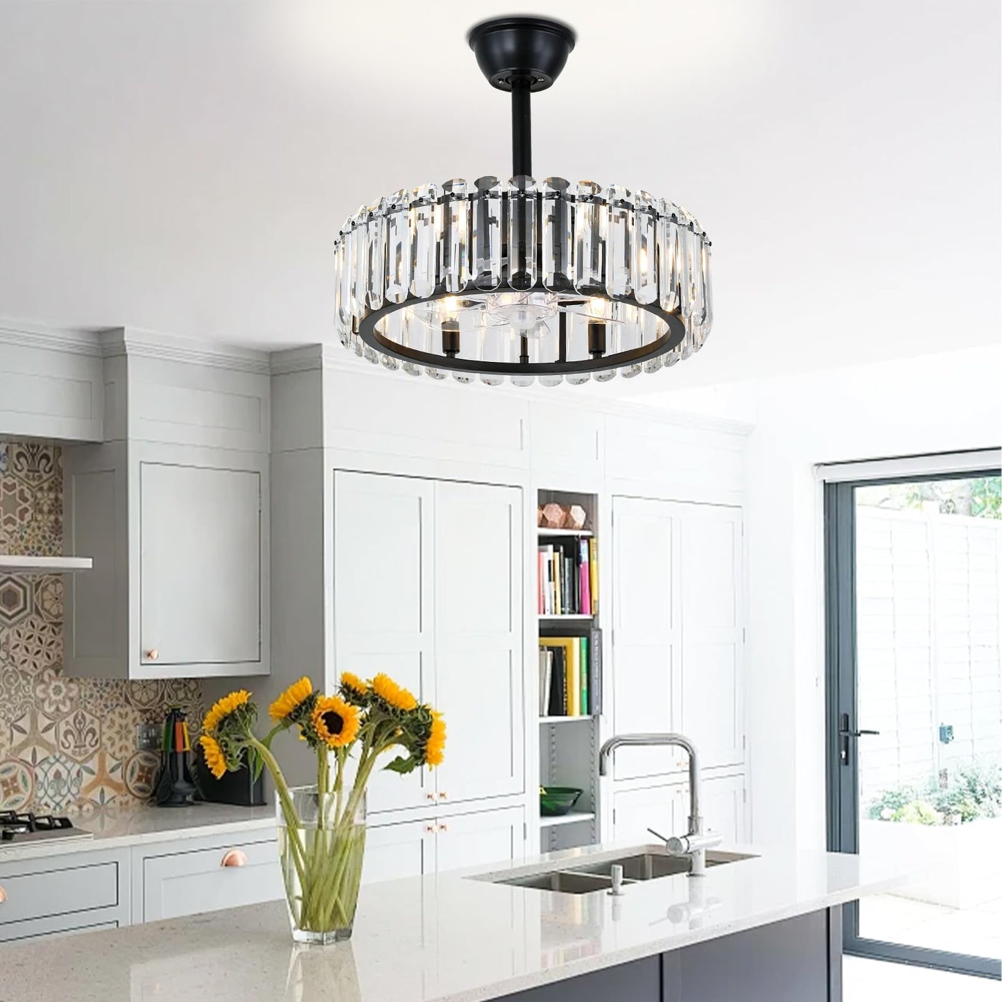 FRIXCHUR Crystal Caged Ceiling Fan with Lights and Remote 20.7 Inch Black Fandelier Semi Flush Mount 6 Speed Reversible Chandelier for Dining Bedroom Living Room Kitchen E12 x 6 Bulbs Not Included