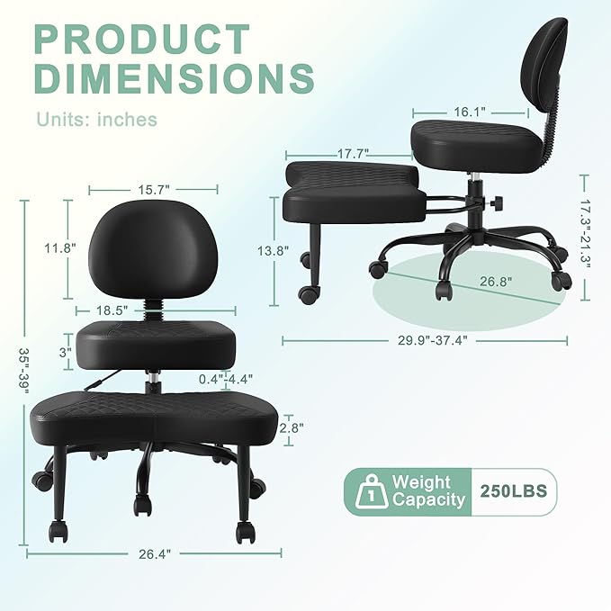 GUNJI Ergonomic Criss Cross Legged Office Chair, 360° Swivel Meditation Kneeling Chair with Wheels, ADHD Chair with Footrest, Lumbar Support, Wider Height Adjustable Seat (Faux Leather, Black)