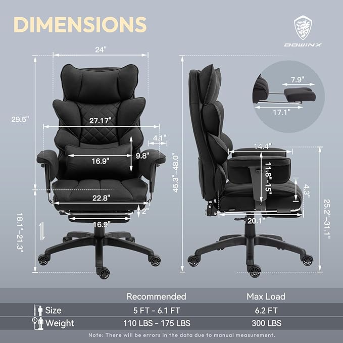 Dowinx Big and Tall Office Chair with Pocket Spring Cushion,High Back Computer Gaming Chairs with Adjustable Armrests,Executive Desk Chairs with Lumbar Support and Footrest,Fabric-Black