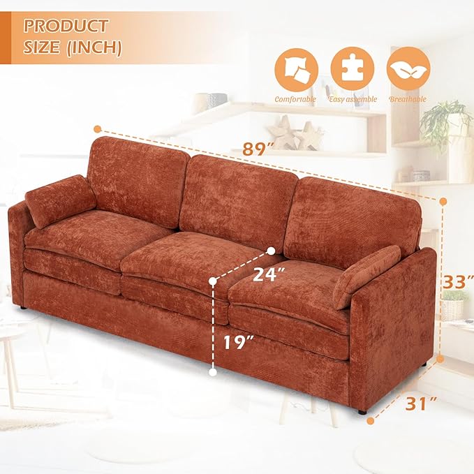 ACMEASE 89” Chenille Sofa w/Arm Pillows, Upholstered 3-Seater Sofa w/Comfortable Back Cushions, Modern 3 Seats Couch w/High-Density Foam for Living Room, Apartment, Office, Orange