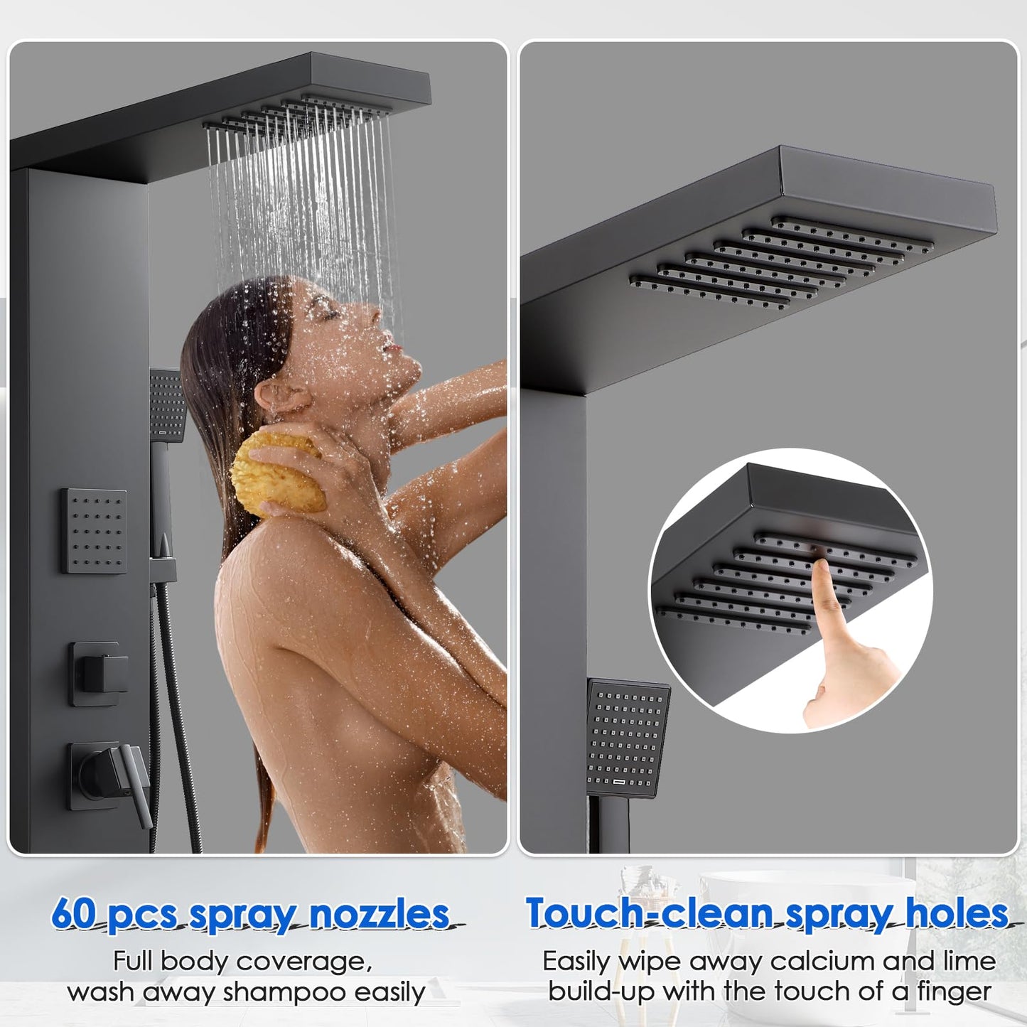 ROVOGO Shower Panel Tower System with High Pressure Shower Head, Body Jets, Handheld and Tub Spout, 46.5"H x 7.8"W Shower Column Stainless Steel with Mixer Valve, Black