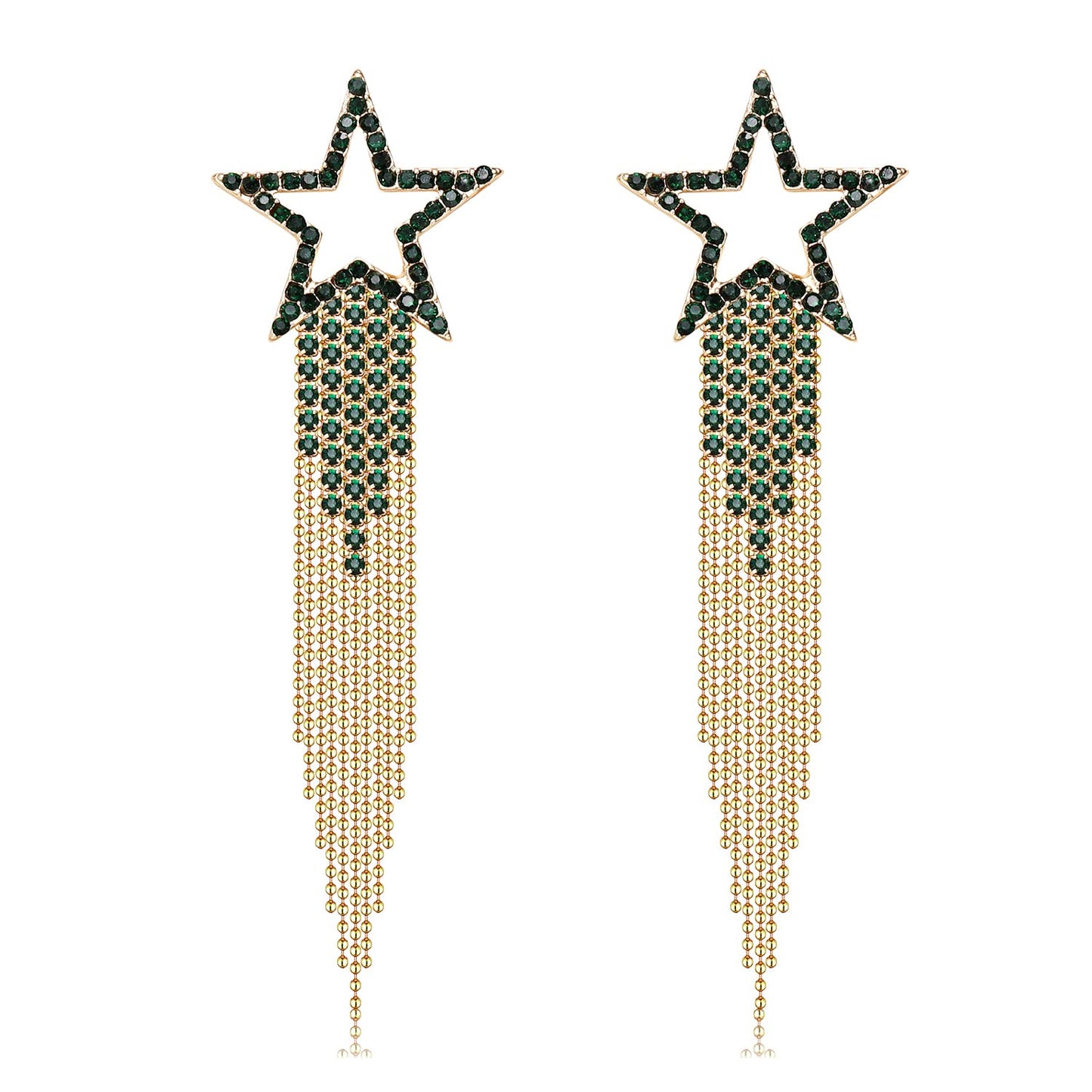 Womens Tassel Earrings Star Ear Stud Pave Crystal Dangle Earrings Boho Waterfall Beaded Fringe Drop Earring