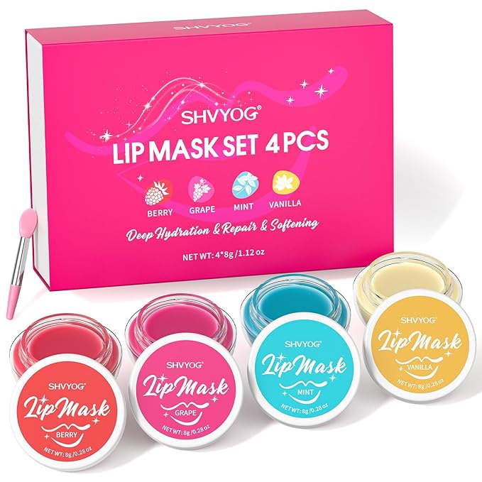 4 Pack Lip Mask Set, Lip Sleeping Mask Hydrating Repair for Chapped, Dry Lips - Berry, Grape, Mint, Vanilla Flavors, Overnight Lip Mask with Vitamin C & Shea Butter